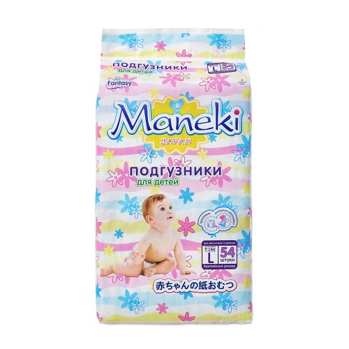 "Maneki", серия Fantasy Подгузники детские одноразовые, размер L, 9-14 кг, 54 шт./уп "Maneki", серия Fantasy Подгузники детские одноразовые, размер L, 9-14 кг, 54 шт./уп